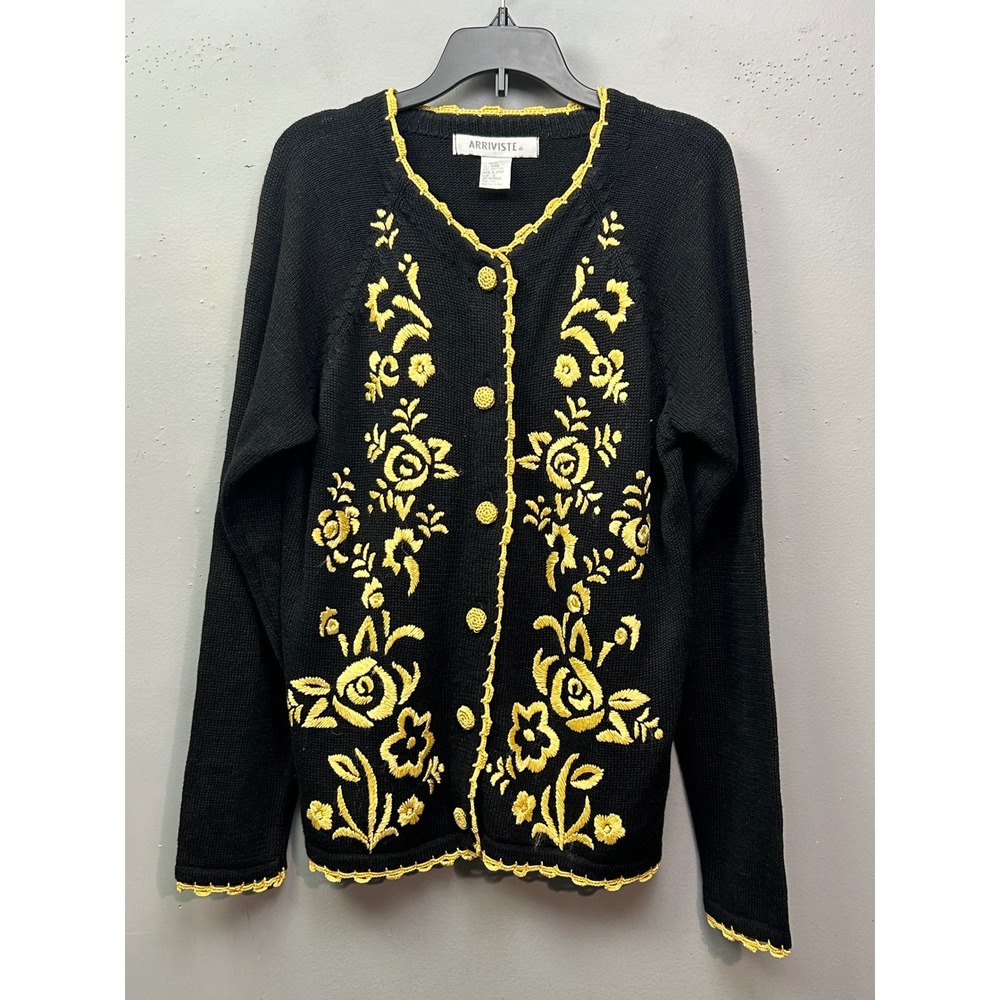 Arriviste Cardigan Womens S Black Yellow Floral Embroidered Crochet Trim V-Neck
